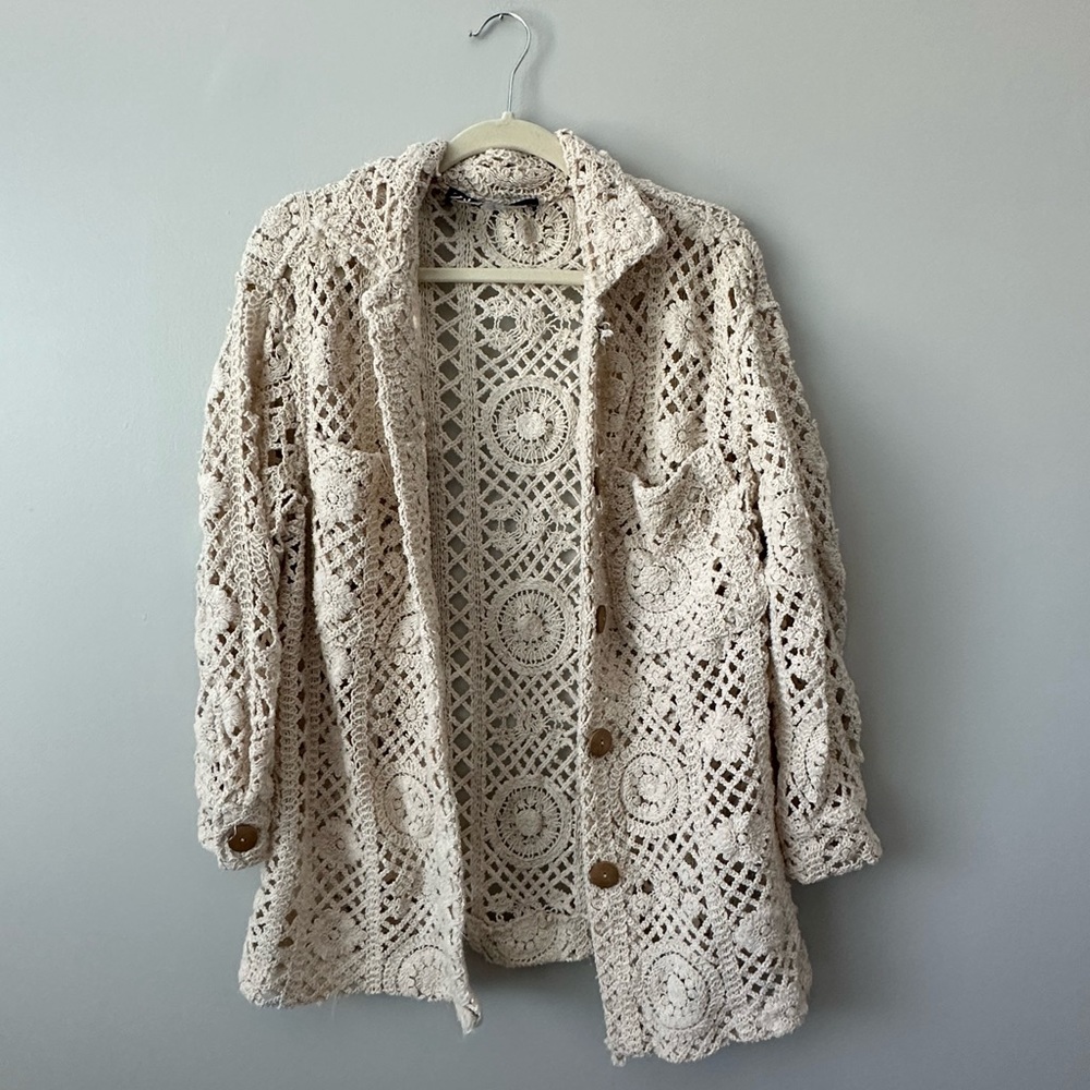Zara Cream Crochet Button-Down Shirt Jacket